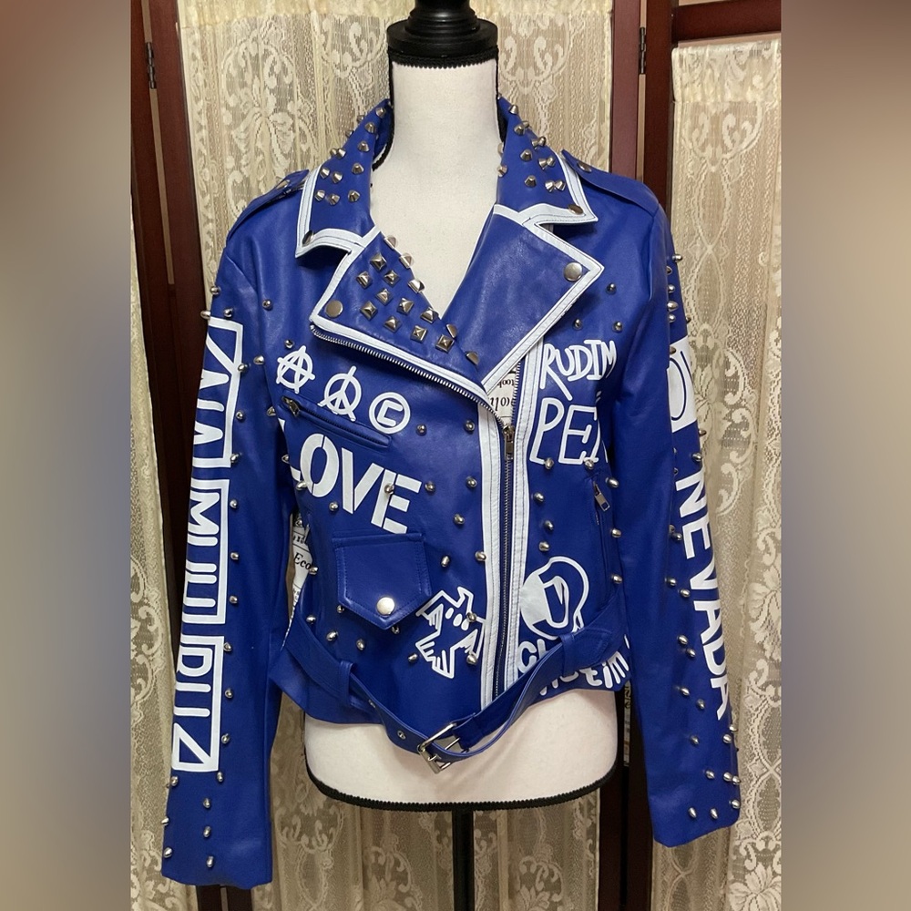 For Her New York Studded Blue White Graphic Faux-Leather Biker Jacket Zipper